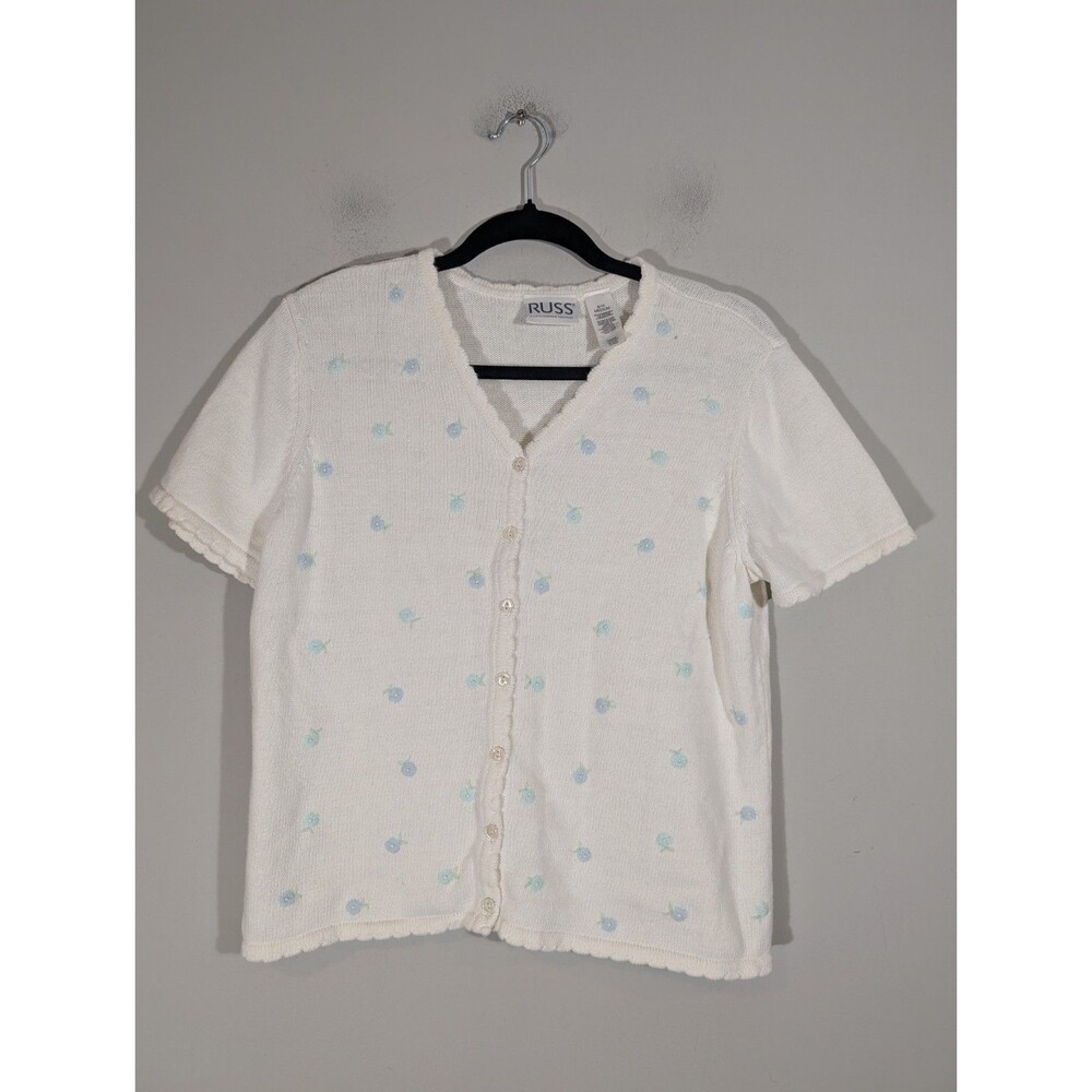 Russ Womens White Floral Knit Button Up Top Sz M Prairie Cottagecore Feminine
